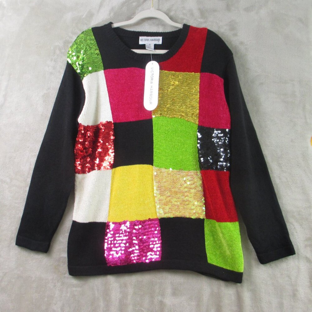 NWT Vintage 1990’s NYC Victoria Harbour Colorful Sequin Sweater Shoulder Pad M